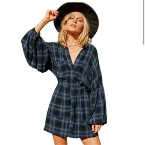 Free People By the Way Navy Blue Plaid Long Sleeve Button-Up Mini Dress